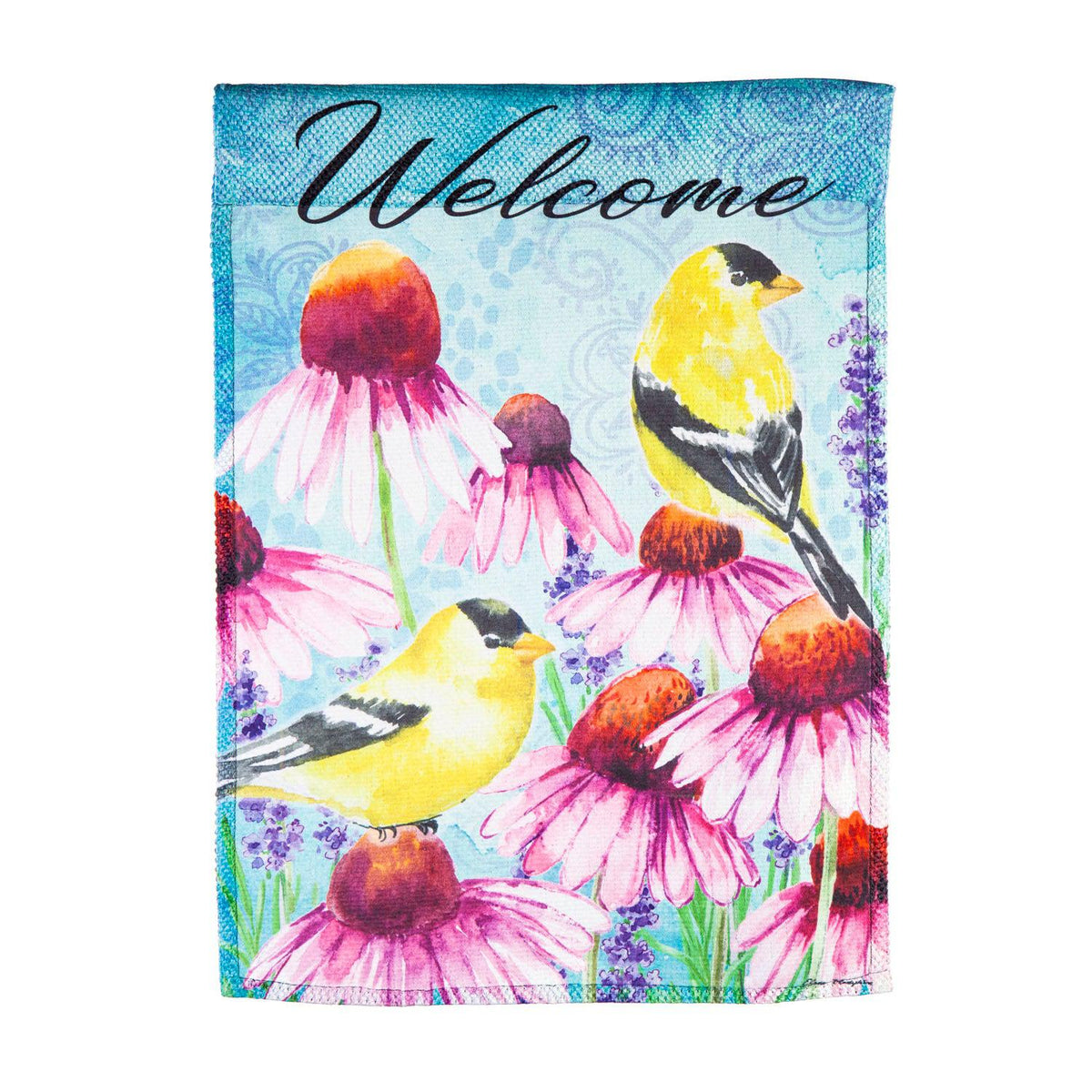 The Bright Flowers and Finches garden flag features bright yellow finches resting among pink coneflowers, and the word "Welcome" across the top.