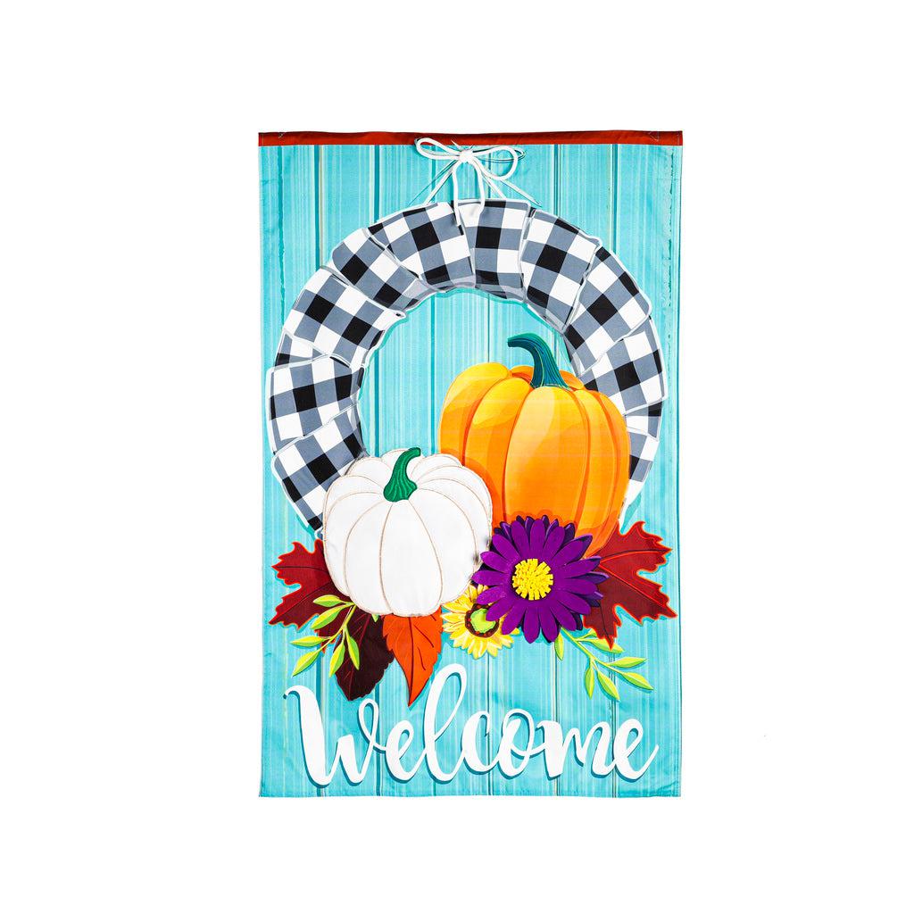Our Buffalo Check Fall Wreath house banner features a black and white checked wreath decorated with pumpkin and flowers and the word "Welcome". 