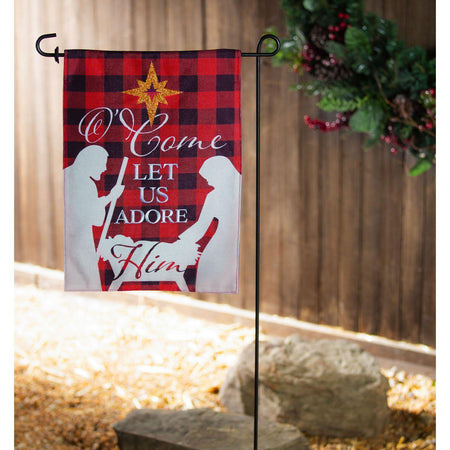 The Buffalo Checked Nativity garden flag features a white nativity silhouette over a black & red checked background and the words "Come Let Us Adore Him". 