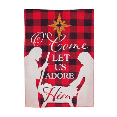 The Buffalo Checked Nativity garden flag features a white nativity silhouette over a black & red checked background and the words "Come Let Us Adore Him". 