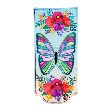 Enjoy the beauty of the Butterfly Floral Textile Décor from the Everlasting Impressions collection. This extra-long garden flag features a stunning multi-colored butterfly with bouquets of flowers at the top and the bottom of the flag.