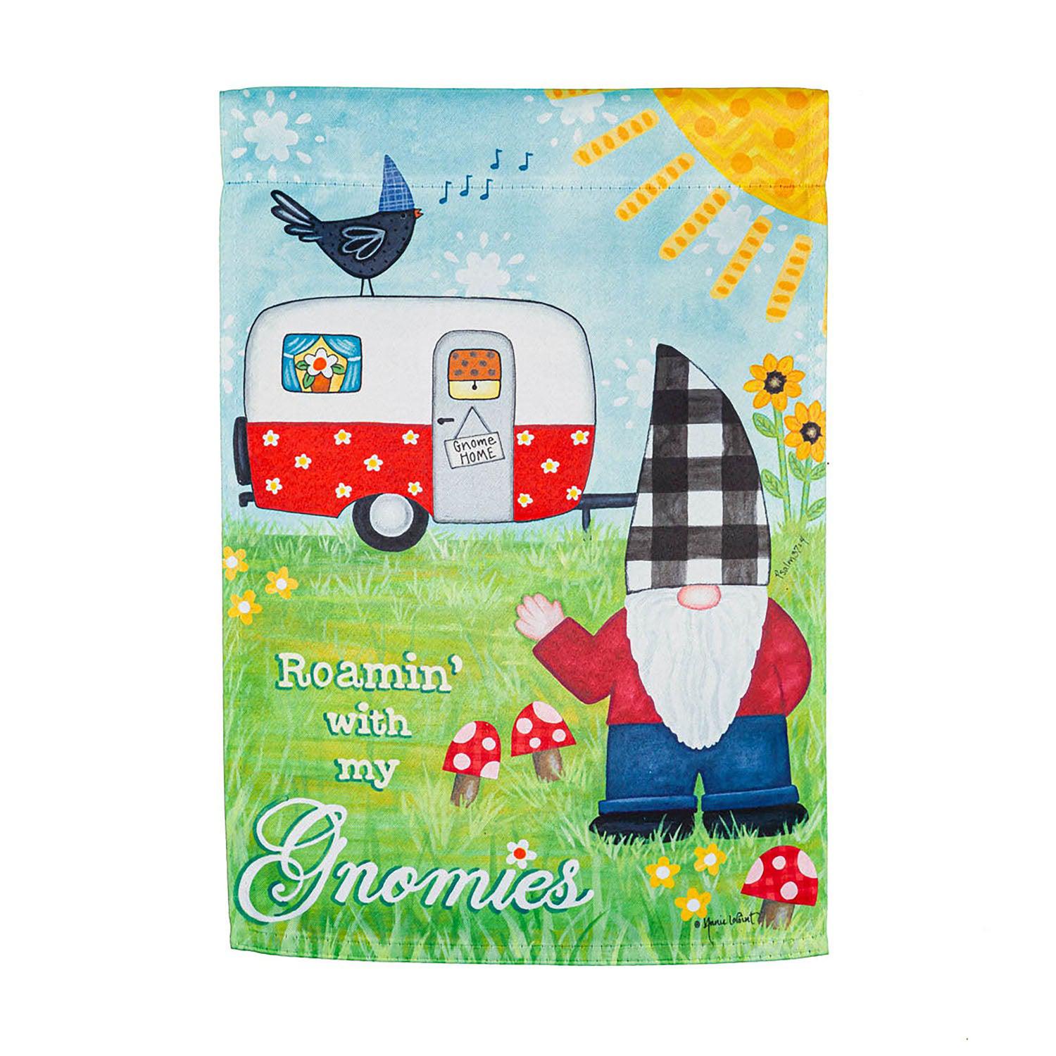 The Camping Gnome garden flag features a waving gnome with a retro camper and the words" Roamin' with my Gnomies". 