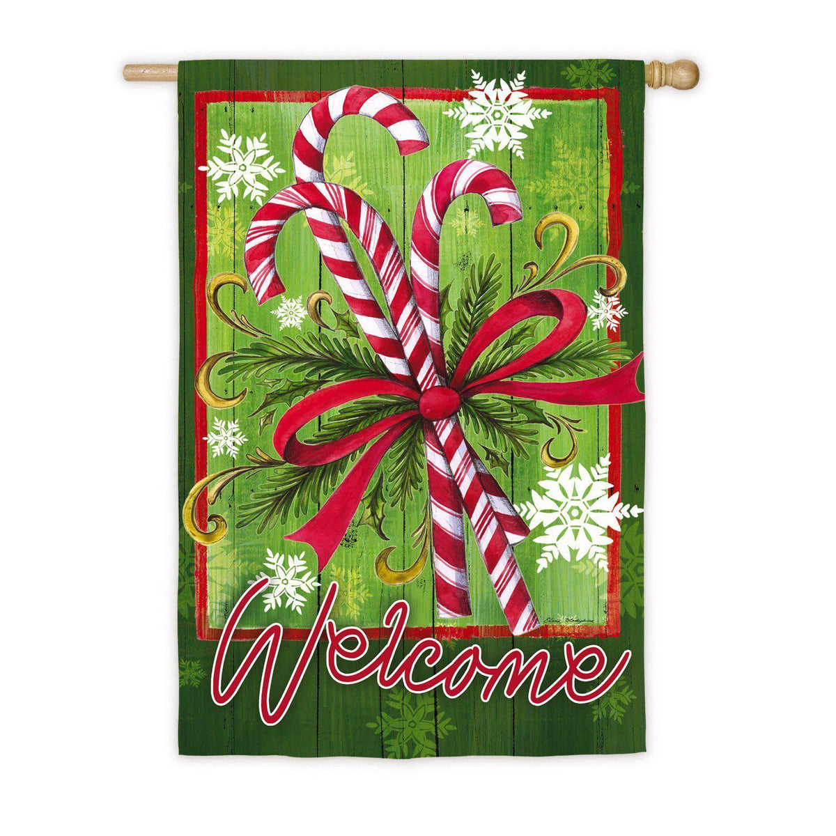 The Candy Cane & Ribbon house banner features candy canes tied with ribbon on a green background and the word "Welcome". 