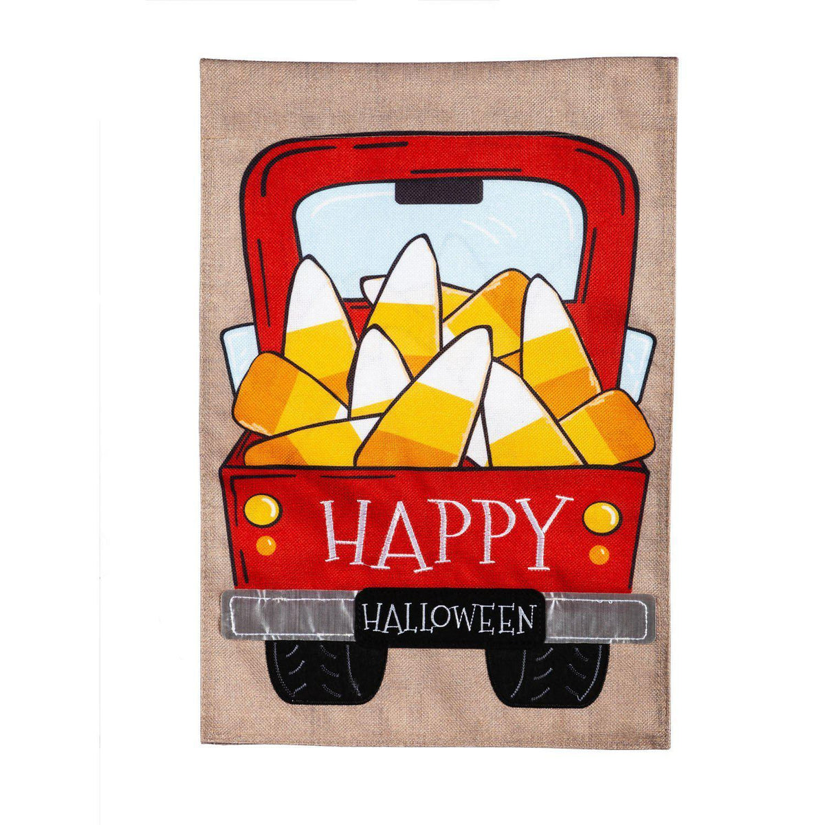 The Candy Corn Truck garden flag features a red truck full of candy corn and the words "Happy Halloween". 