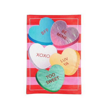 The Candy Hearts and Stripes garden flag features brightly colored candy hearts with cute messages over a striped background.