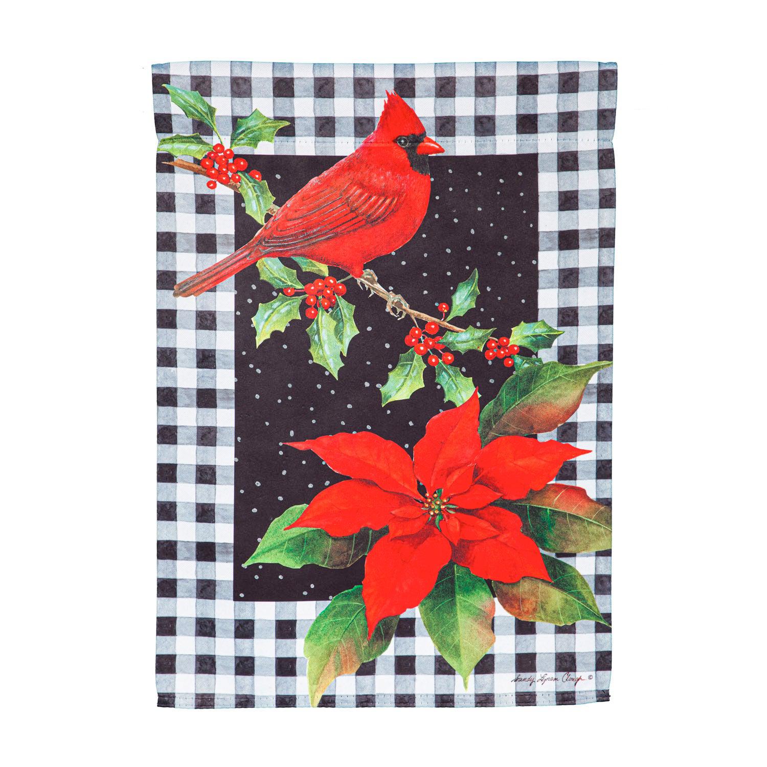 The Cardinal & Holly garden flag features a bright red cardinal sitting on a holly branch with a poinsettia in the lower corner and a black & white checked background