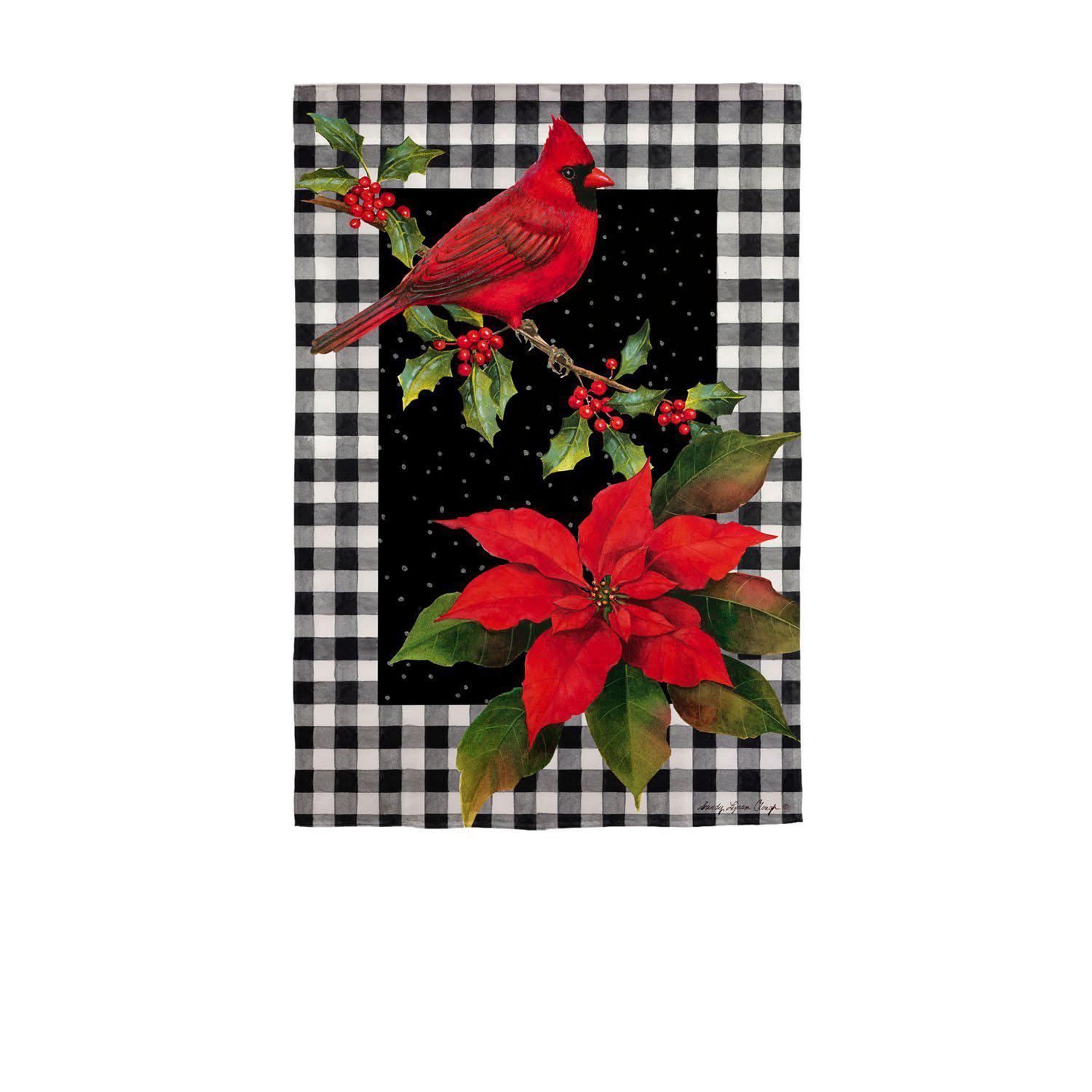 The Cardinal & Holly house banner features a bright red cardinal sitting on a holly branch with a poinsettia in the lower corner and a black & white checked background.