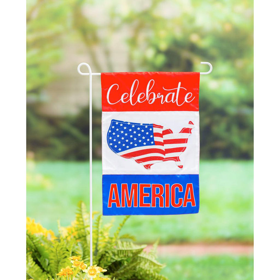 The Celebrate America garden flag features the lower 48 states decorated in stars and stripes and the words "Celebrate America".