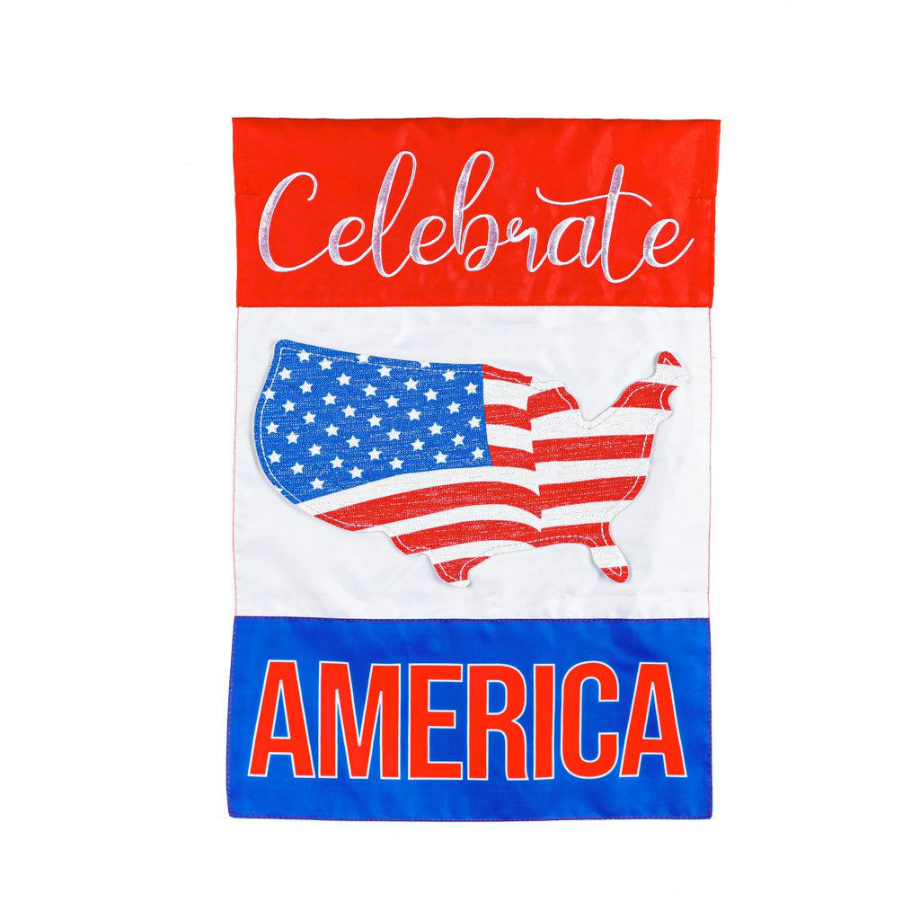 The Celebrate America house banner features the lower 48 states decorated in stars and stripes and the words "Celebrate America".
