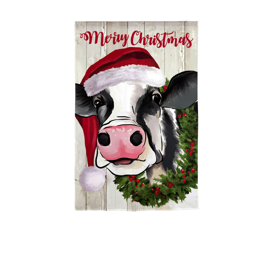 The Christmas Cow garden flag features a cow sporting a Santa hat and wreath and the words "Merry Christmas". 