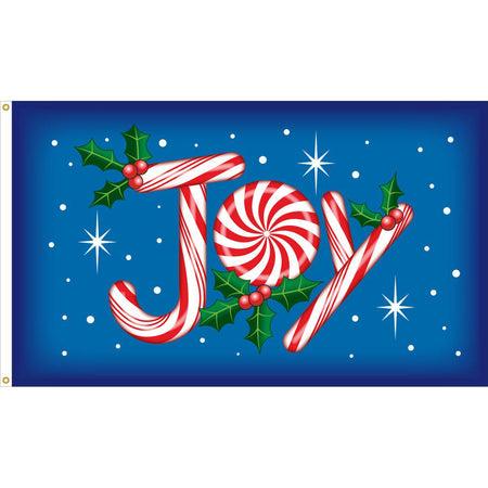 The Christmas Joy 3' x 5' flag features the word "Joy" made out of peppermint candy with holly & berries on a blue background.