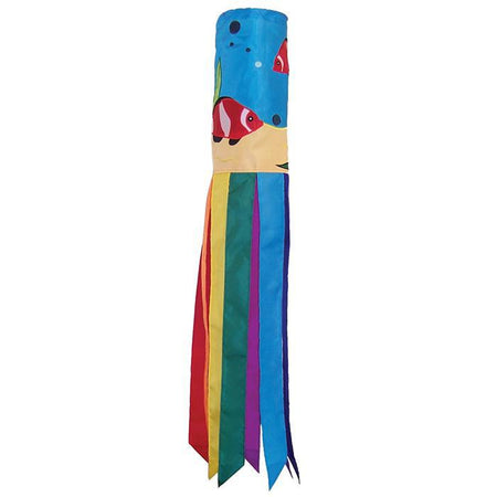 the Clownfish windsock features swimming clownfish at the beach with 8 multi-colored coordinating tails with sewn edges.