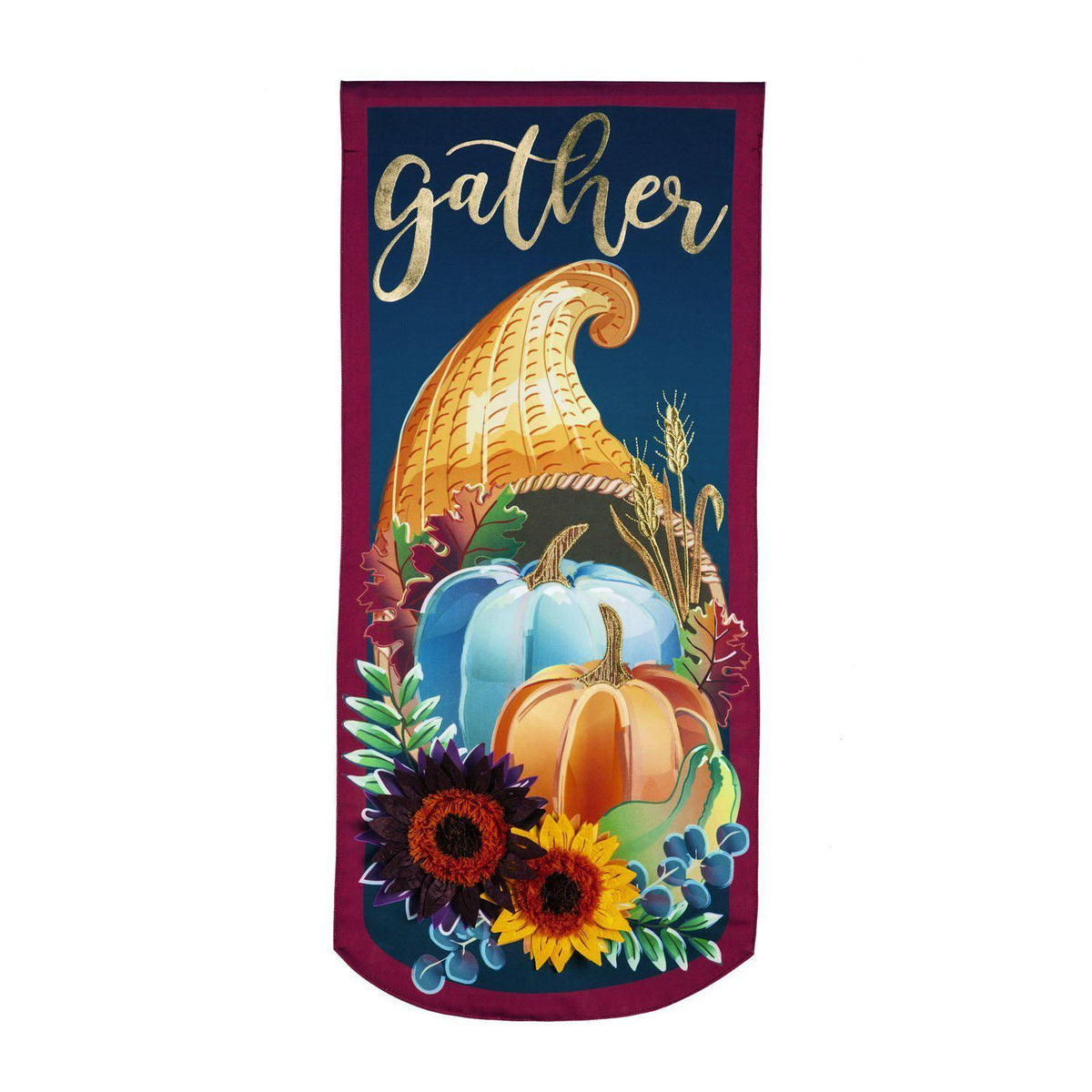The  Cornucopia Gather Textile Decor from the Everlasting Impressions collection features a cornucopia spilling out pumpkins and flowers and the word "Gather". 