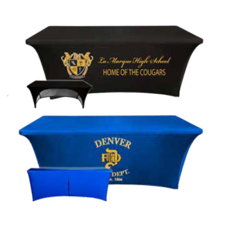 Custom Stretch Table Throws are wrinkle-resistant and machine-washable.