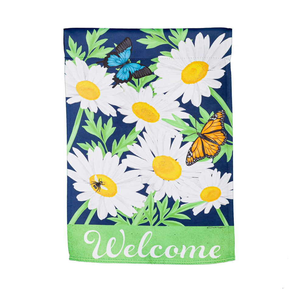 The Daisy Garden garden flag features bright white daisies with butterflies and the word "Welcome" across the bottom. 