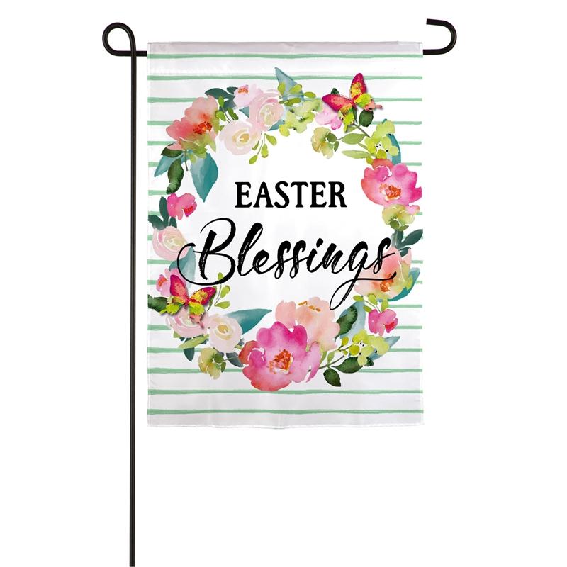 The Easter Blessings Wreath garden flag features the words "Easter Blessings" surrounded by a floral wreath on a striped background.