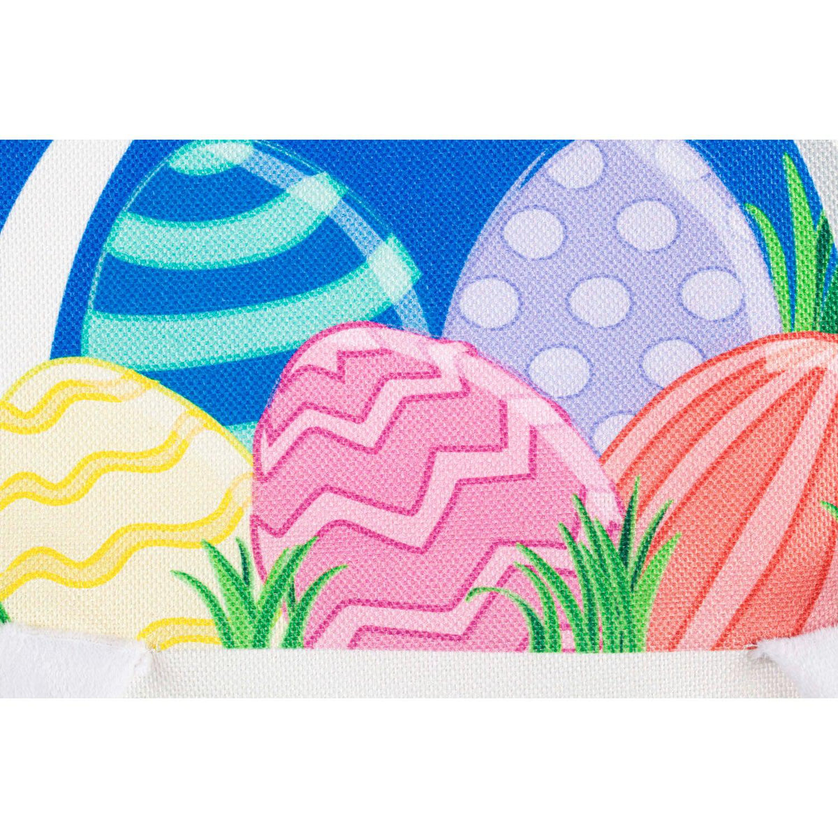 The Easter Bunny Basket garden flag features multi-colored Easter eggs in a white bunny basket and the words "Happy Easter ".  This flag is constructed of high quality durable burlap fabric with 3D appliqué details. 