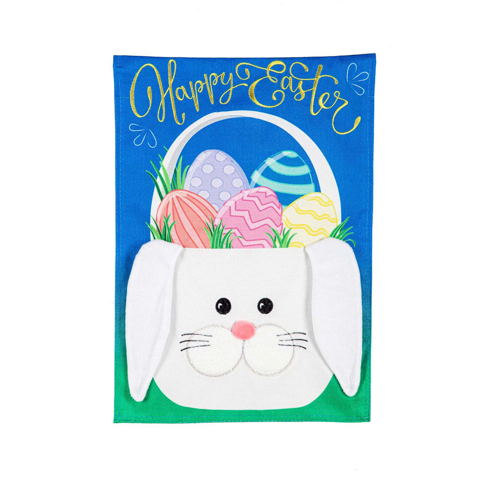 The Easter Bunny Basket garden flag features multi-colored Easter eggs in a white bunny basket and the words "Happy Easter ".  This flag is constructed of high quality durable burlap fabric with 3D appliqué details. 