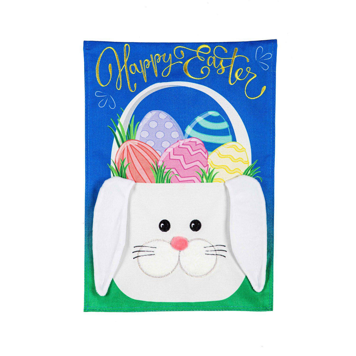 The Easter Bunny Basket house banner features multi-colored Easter eggs in a white bunny basket and the words "Happy Easter ".  This flag is constructed of high quality durable burlap fabric with 3D appliqué details. 