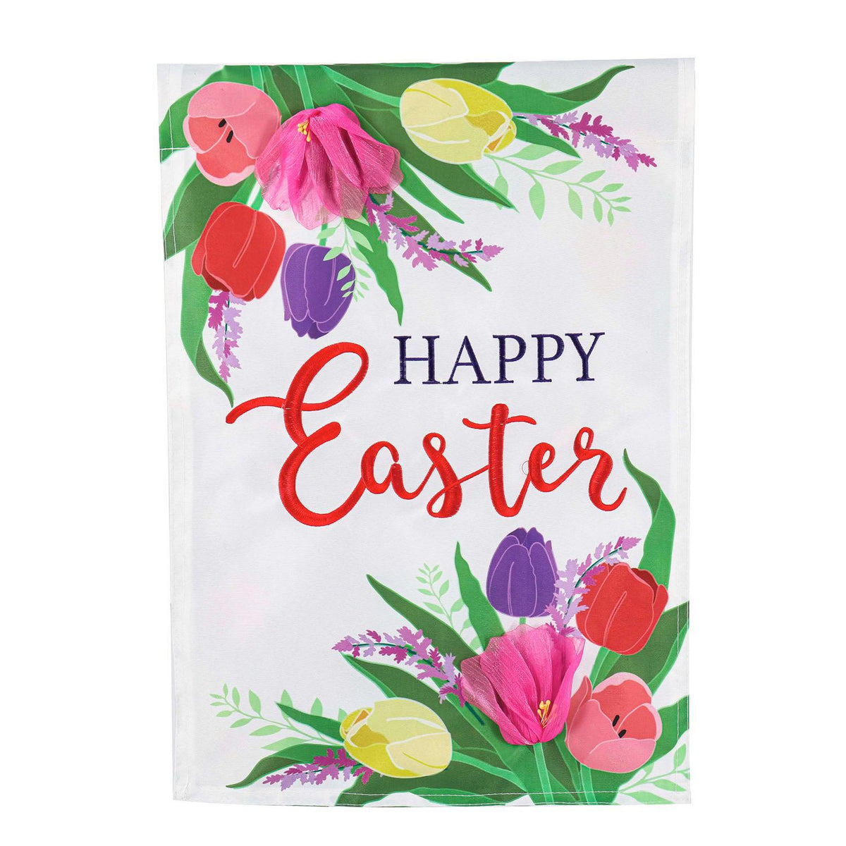 The Easter Floral garden flag features bright Spring tulips and the words "Happy Easter". 