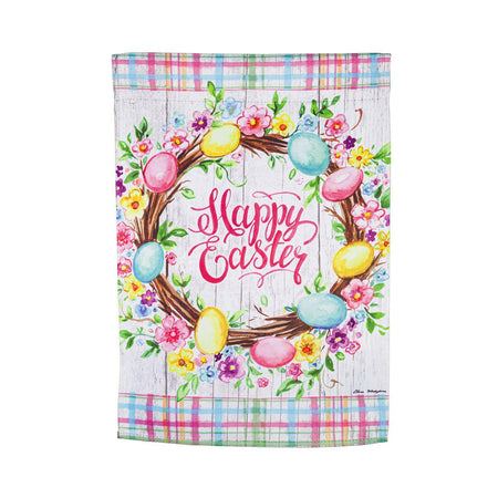 The Easter Floral Wreath garden flag features a grapevine wreath of colored eggs and spring flowers and the words "Happy Easter". 