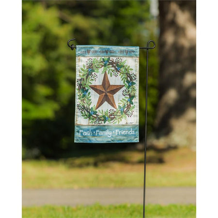 The Faith Family Friends Country Star garden flag features a country star surrounded by a wreath as well as the words "Faith Family Friends" across the bottom of the flag.