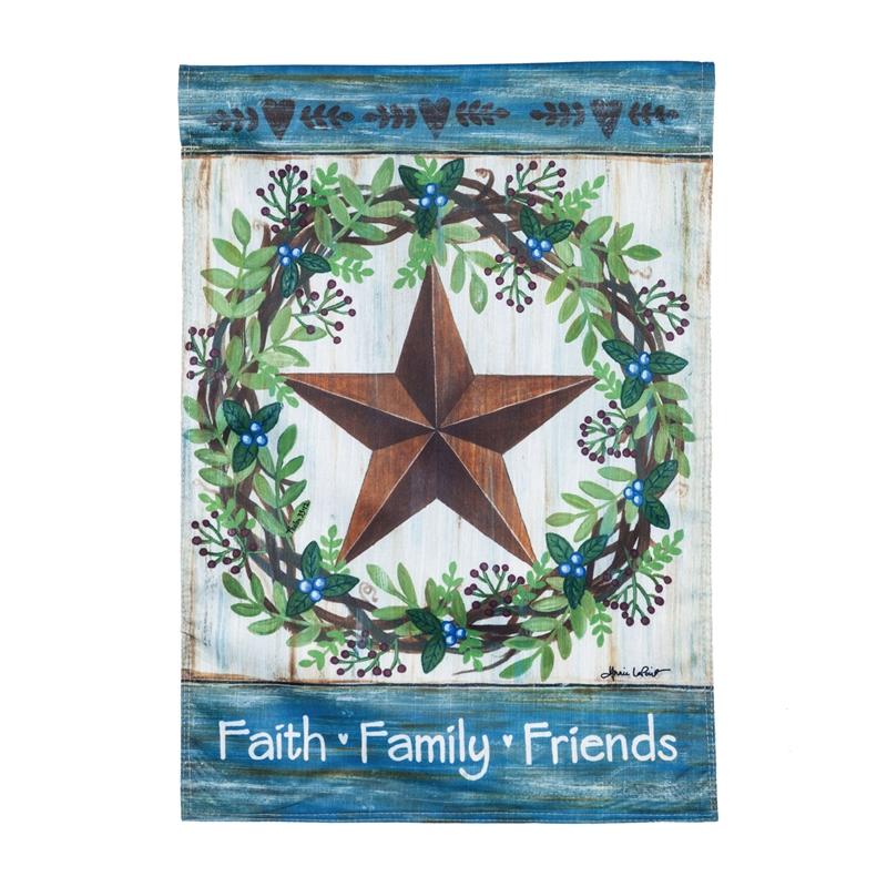 The Faith Family Friends Country Star garden flag features a country star surrounded by a wreath as well as the words "Faith Family Friends" across the bottom of the flag.