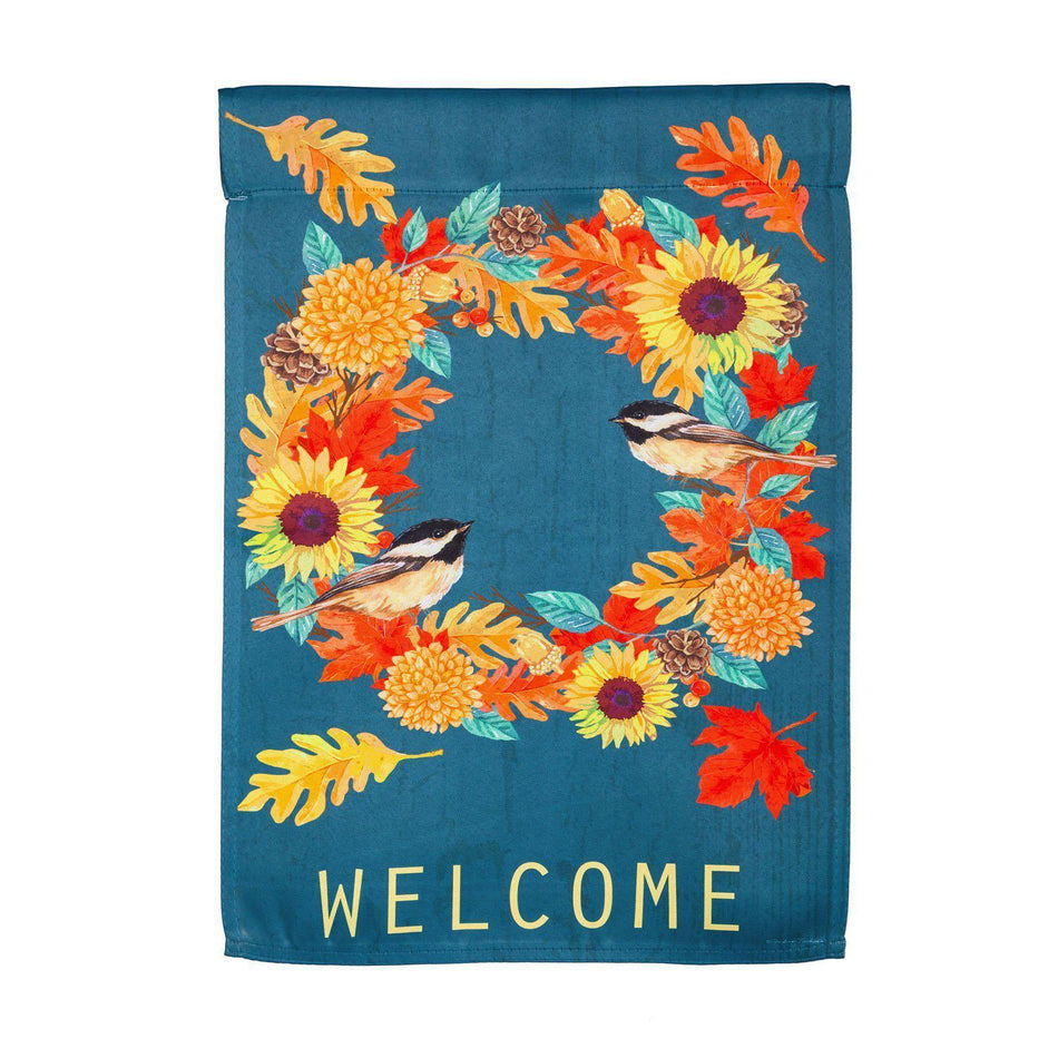 The Fall Chickadee Wreath house banner features a pair of chickadees resting on a wreath of fall flowers and leaves and the word "Welcome". 