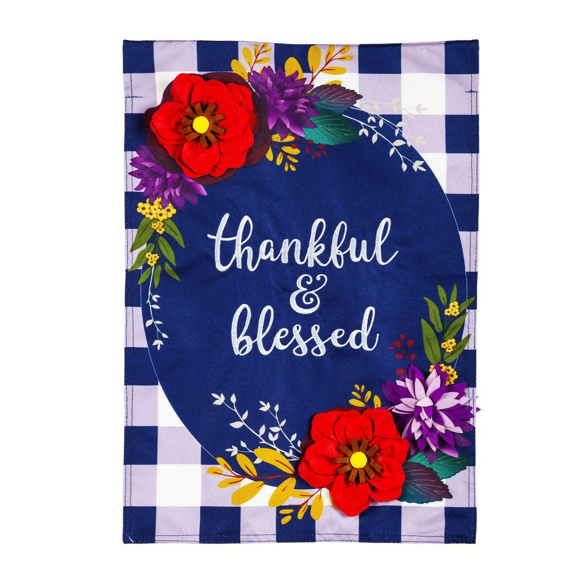The Fall Floral Check garden flag features a red floral and navy checked background with the words "Thankful and Blessed".