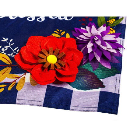 The Fall Floral Check house banner features a red floral and navy checked background with the words "Thankful and Blessed". 