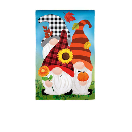 The Fall Gnome Trio house banner features three gnomes with fall inspired caps, flowers, and leaves.