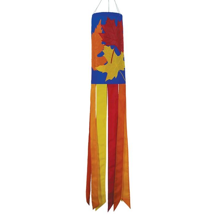 Design features yellow, orange and red maple leaves on a blue background with yellow, orange, and red coordinating tails with sewn edges.