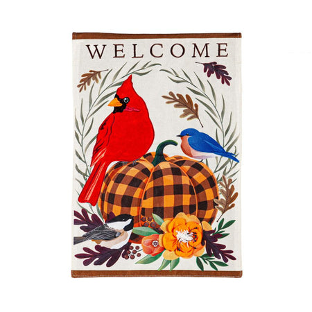 The Fall Songbirds house banner features a cardinal, bluebird, and chickadee gathered around an orange and black checked pumpkin and the word "Welcome" across the top. 
