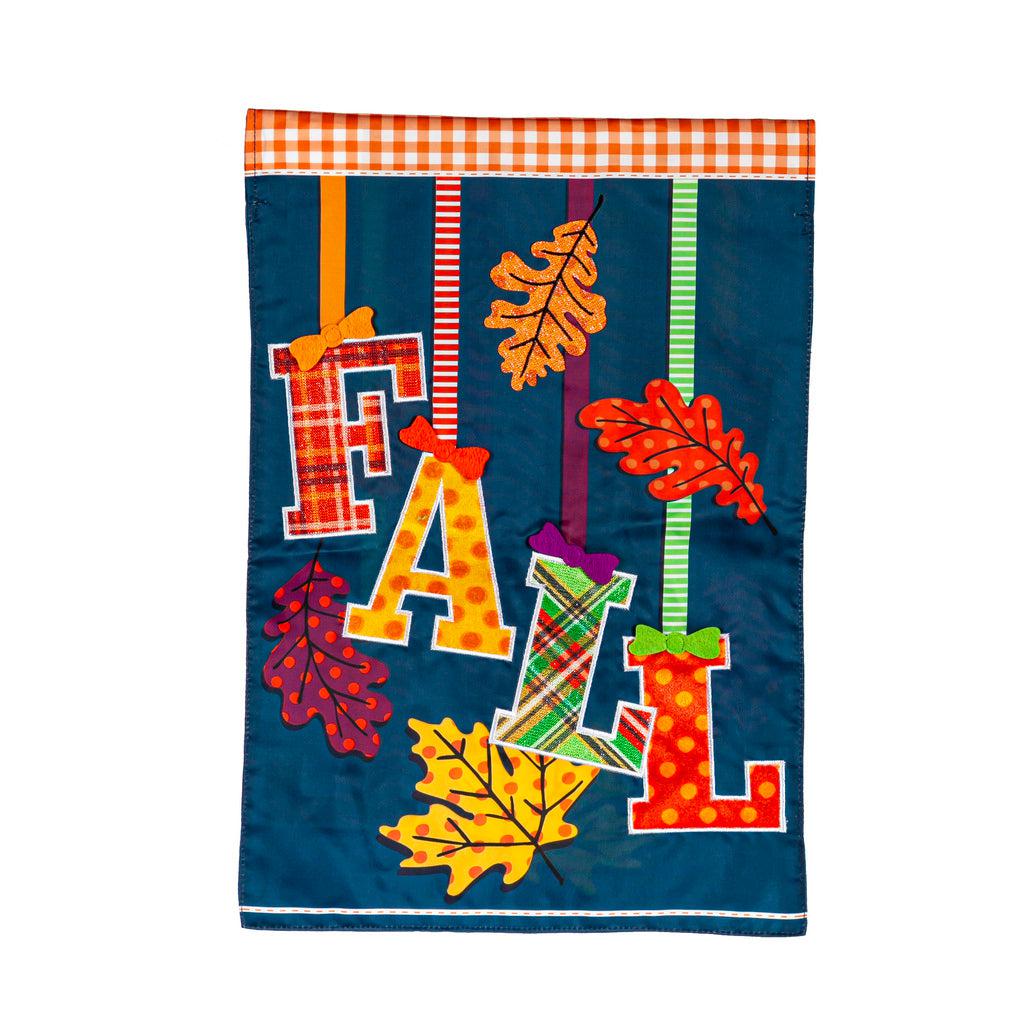 The Falling Leaves garden flag features the word "Fall" and autumn leaves dangling from ribbons. All have bright fall colors and patterns.