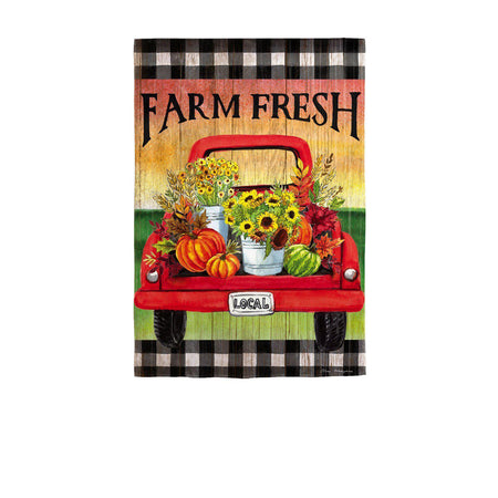 Welcome all to your farm or country home with a red truck full of fall flowers and pumpkins on the Farm Fresh Flower Truck house banner.