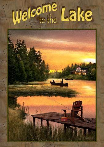 The Fishing Spot house banner features a man and his dog fishing with a cabin in the background and a dock and chair in the foreground along with the words "Welcome to the Lake". 