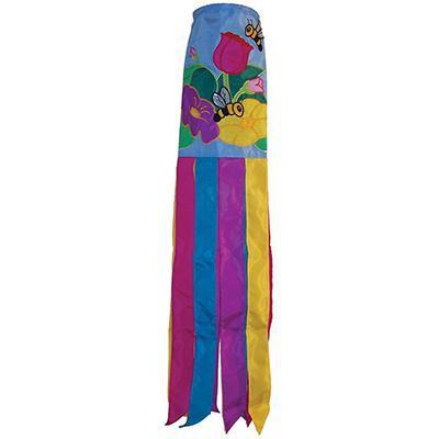 The Floral Bee windsock  features bees and flowers with 8 multi-colored coordinating tails with sewn edges.