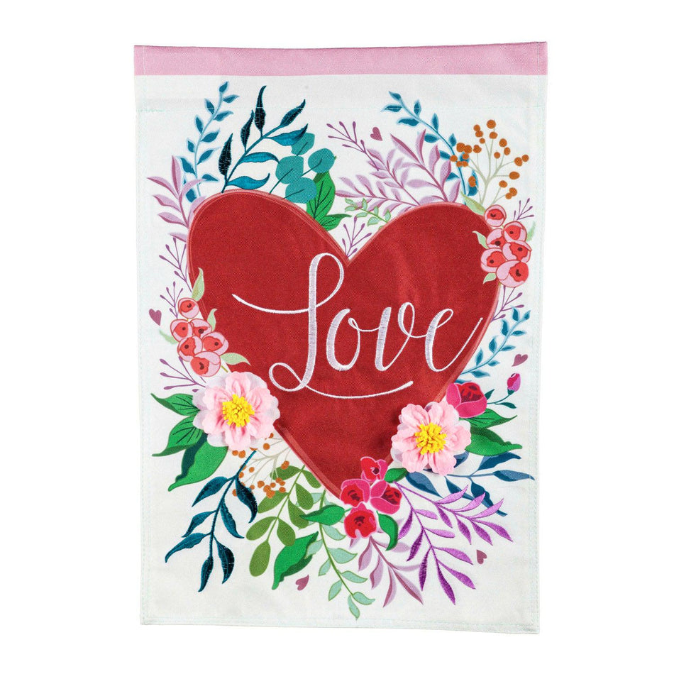 The Floral Love heart garden flag features a red heart framed by flowers and leaves and the word "Love".