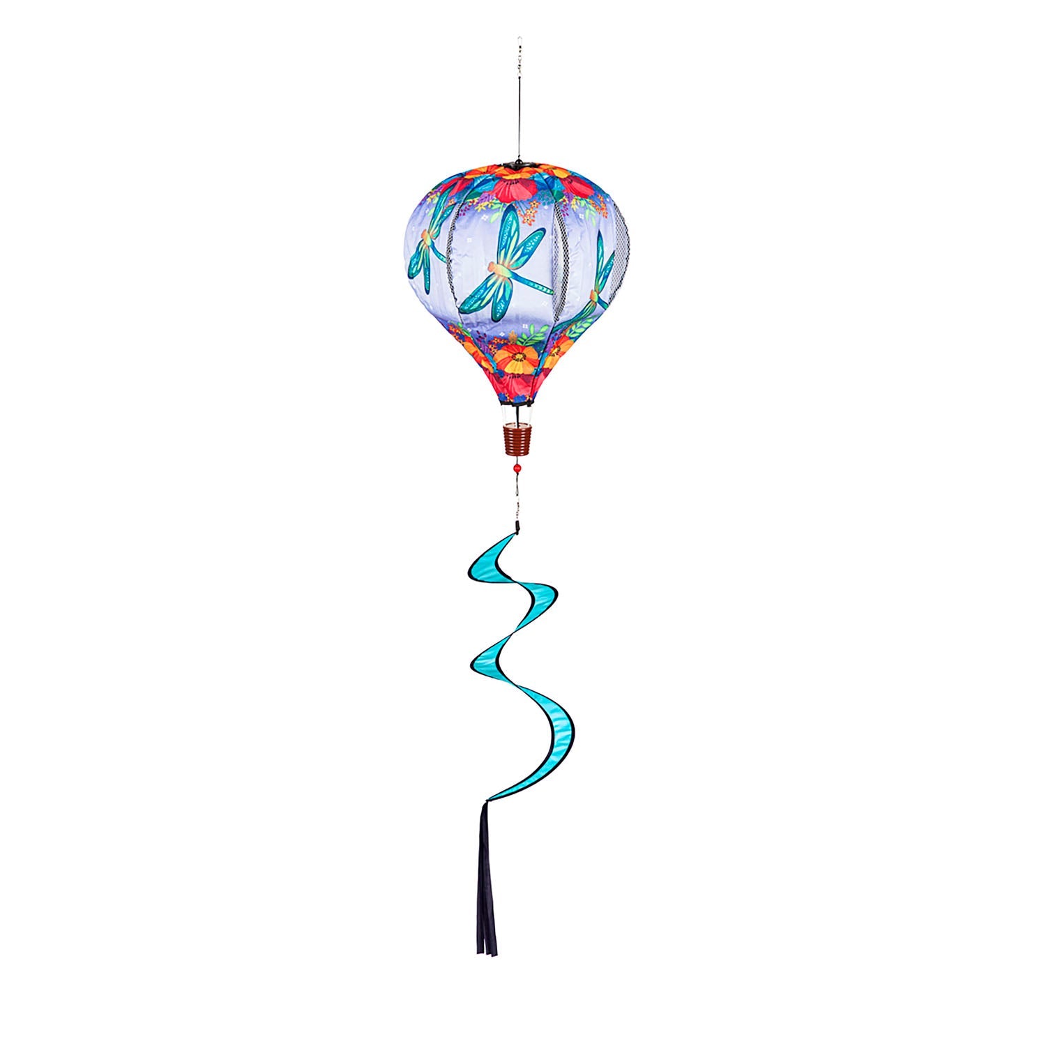  The Fluttering Dragonfly Animated Hanging Hot Air Balloon features beautiful dragonflies with a floral top and bottom border.