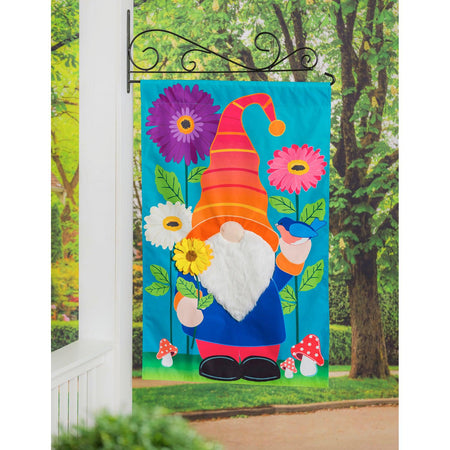 The brightly colored Garden Gnome house banner features a charming gnome standing among flowers while holding a flower and a bluebird. 