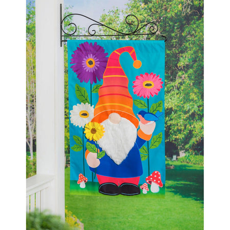 The brightly colored Garden Gnome house banner features a charming gnome standing among flowers while holding a flower and a bluebird. 