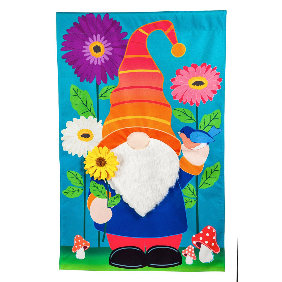 The brightly colored Garden Gnome house banner features a charming gnome standing among flowers while holding a flower and a bluebird. 