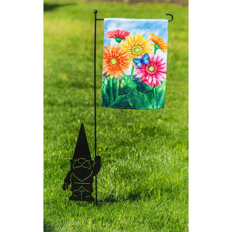 The Gerbera Daisies garden flag features brightly colored flowers on a sky blue background.