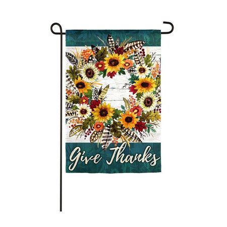 Give Thanks Wreath garden flag with fall flowers, feathers, and berries and "Give Thanks" message