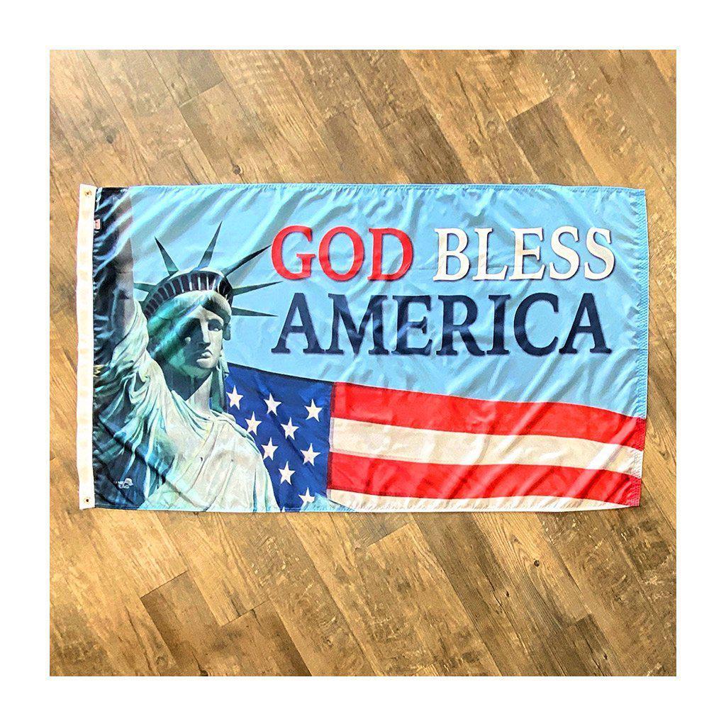 Our God Bless America 3' x 5' Flag features the Statue of Liberty, the American Flag, and "God Bless America" saying. 