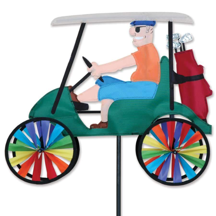 This male golfer cart spinner features spinning wheels.