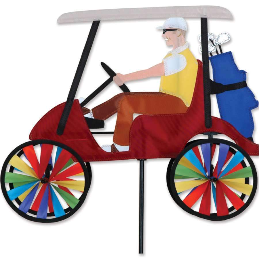 This male golfer cart spinner features spinning wheels.
