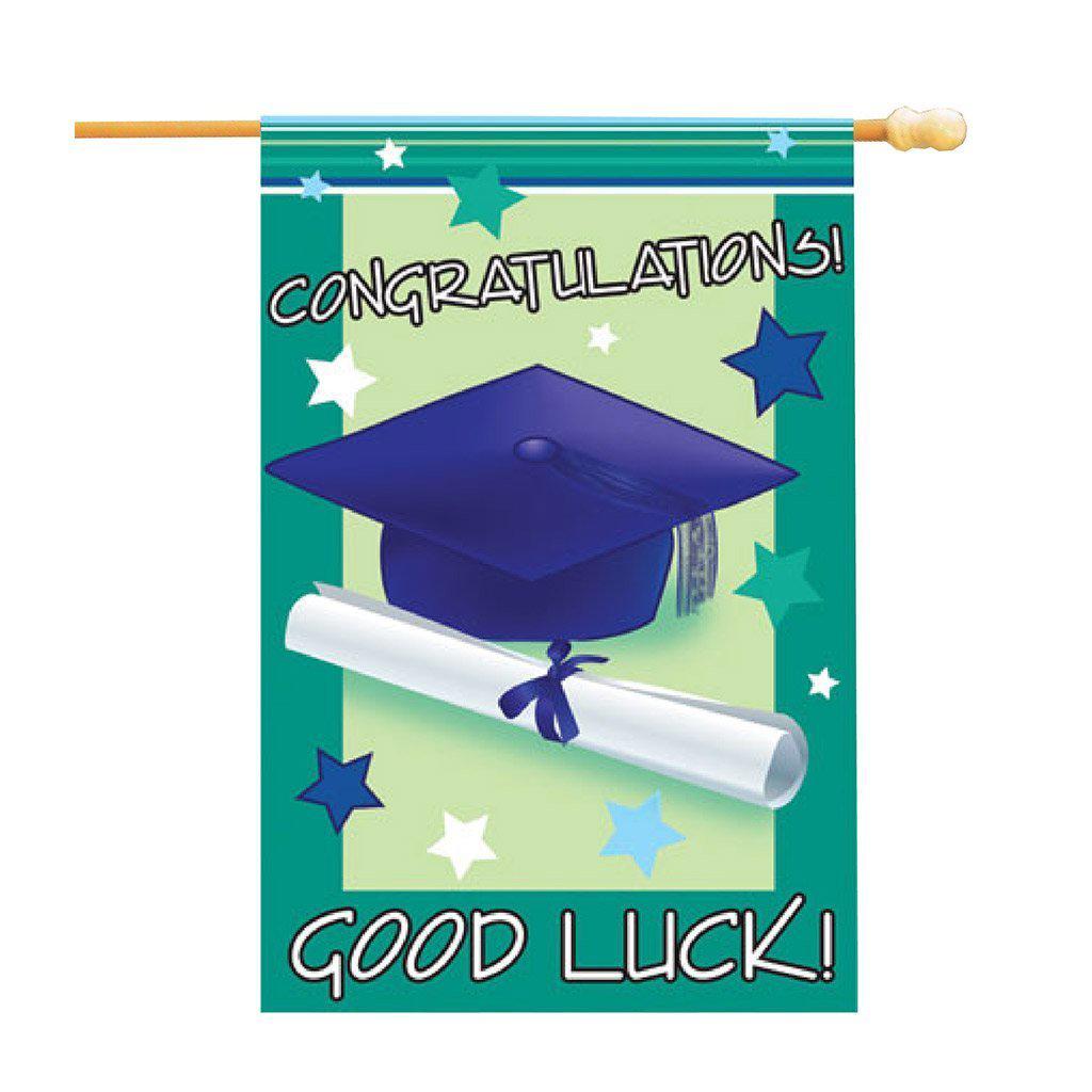 Wish your graduate "Congratulations and Good Luck" with this house banner featuring a graduation hat and diploma. 