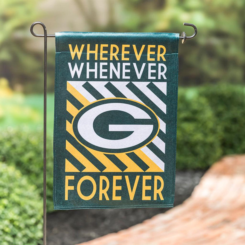 The Green Bay Packers WWF Fan garden flag features the "G" logo over a green, gold, and white striped background and the words "Wherever, Whenever, Forever". 