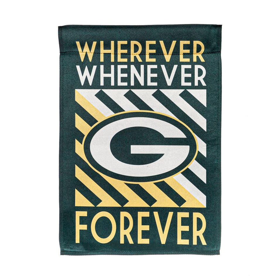 The Green Bay Packers WWF Fan house banner features the "G" logo over a green, gold, and white striped background and the words "Wherever, Whenever, Forever".